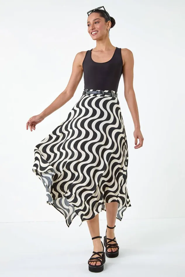 Black Swirl Print Belted Hanky Hem Midi Skirt Women Roman Skirts