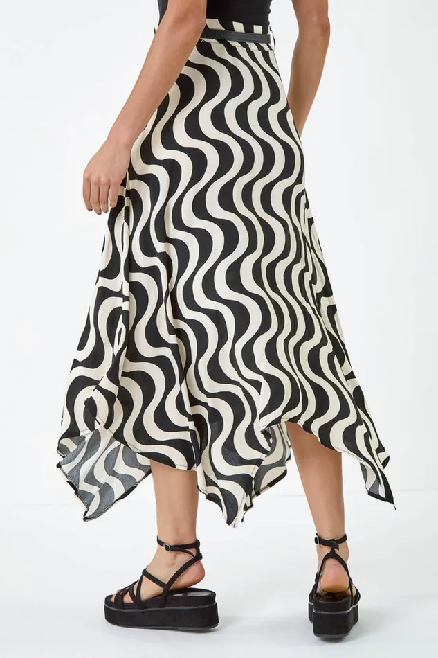 Black Swirl Print Belted Hanky Hem Midi Skirt Women Roman Skirts