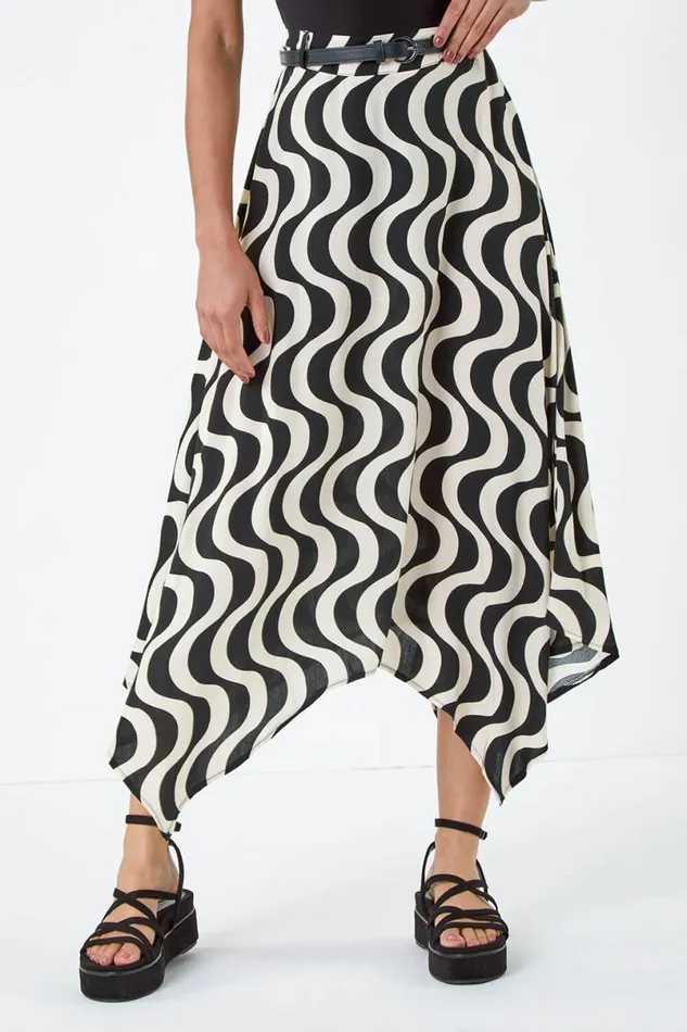 Black Swirl Print Belted Hanky Hem Midi Skirt Women Roman Skirts