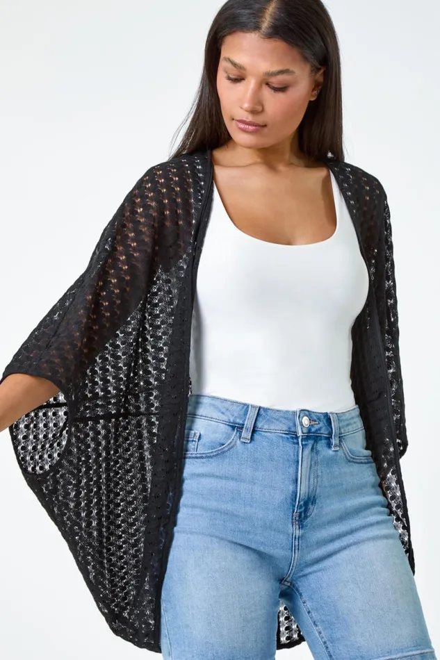 Black Textured Knit Cardigan Cover Up Women Roman Knitwear