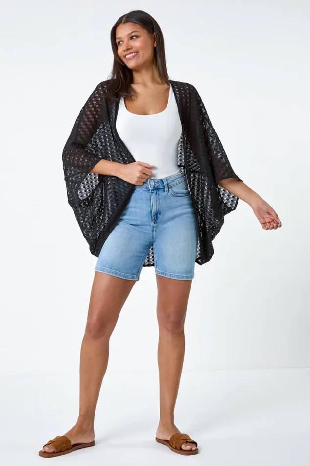 Black Textured Knit Cardigan Cover Up Women Roman Knitwear