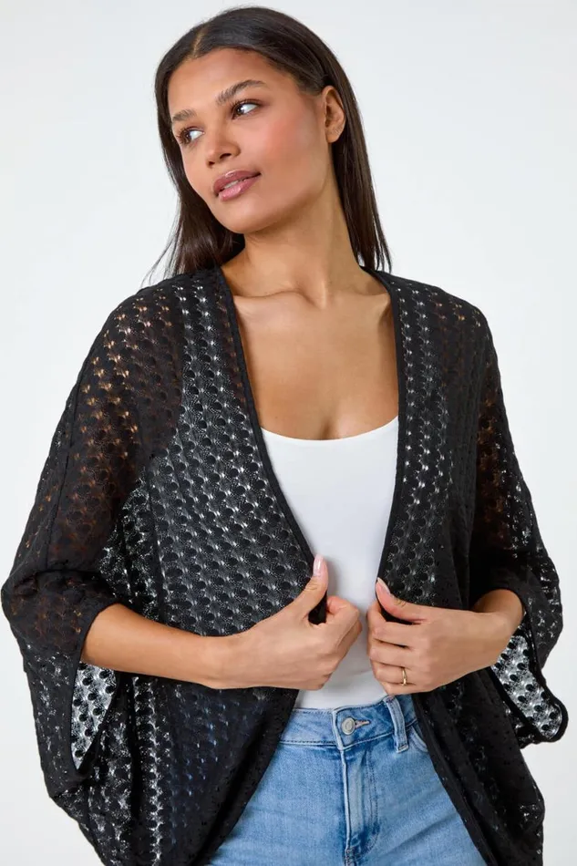 Black Textured Knit Cardigan Cover Up Women Roman Knitwear