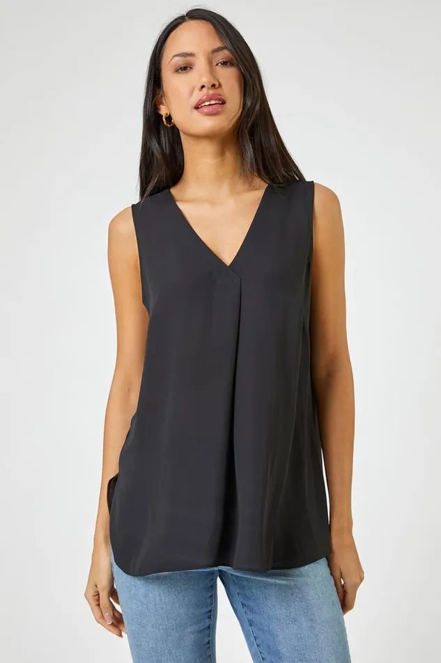 Black VNeck Pleat Tunic Tank Top Women Roman Tops