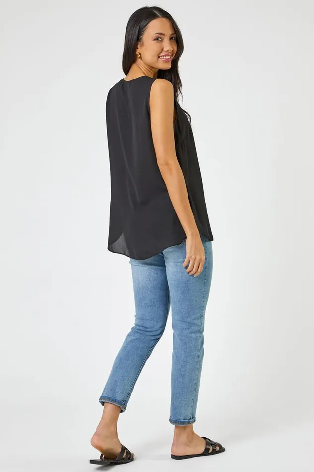 Black VNeck Pleat Tunic Tank Top Women Roman Tops
