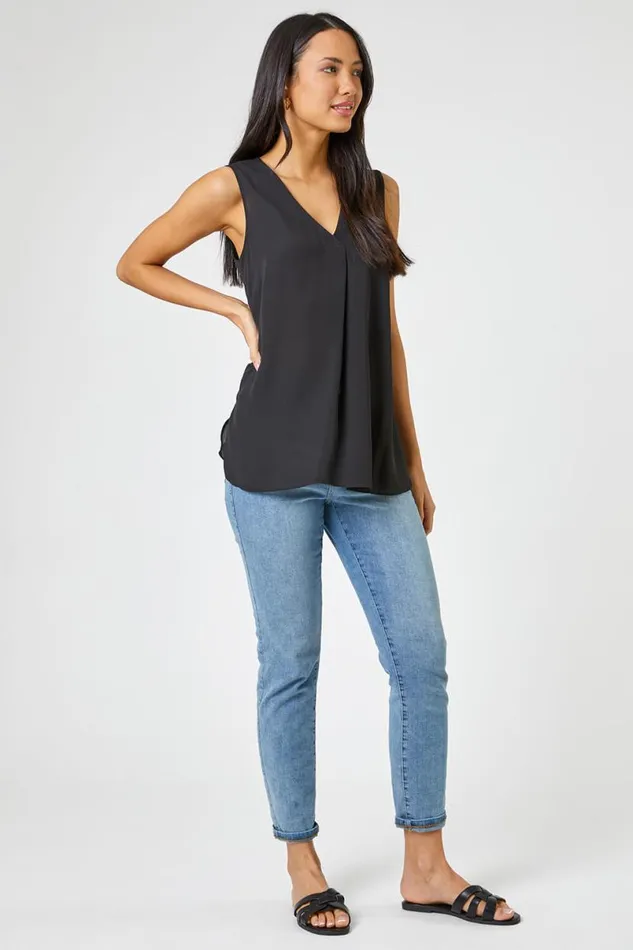 Black VNeck Pleat Tunic Tank Top Women Roman Tops
