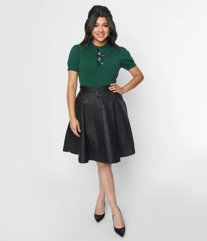 Black Vegan Leather Flare Skirt Clothing Unique Vintage Skirts