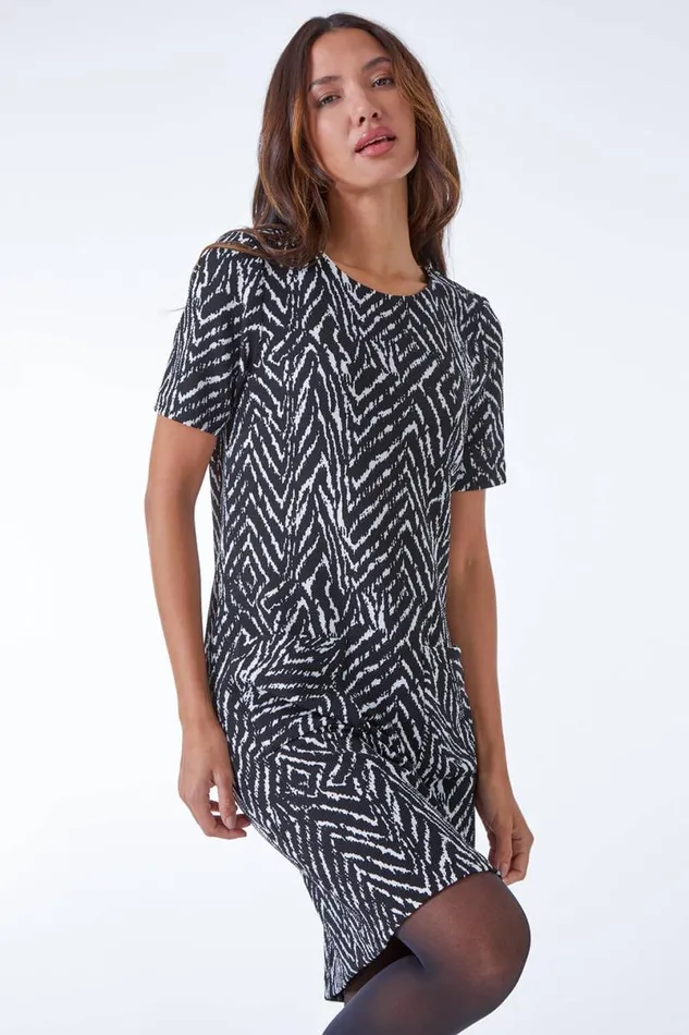 Black Zebra Print Textured Tunic Dress Women Roman Dresses