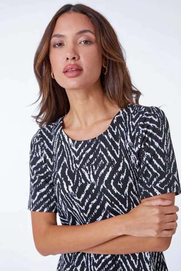 Black Zebra Print Textured Tunic Dress Women Roman Dresses