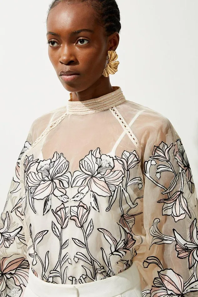 Blouses Women Karen Millen Floral Embroidery Organdie Woven Blouse Ivory