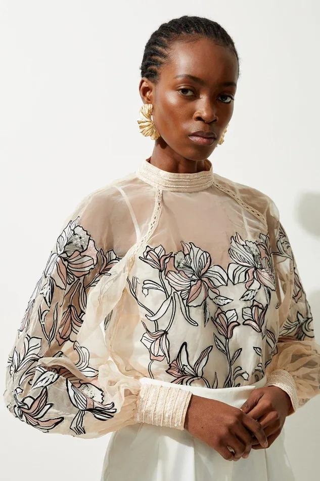 Blouses Women Karen Millen Floral Embroidery Organdie Woven Blouse Ivory