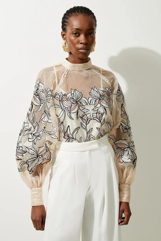 Blouses Women Karen Millen Floral Embroidery Organdie Woven Blouse Ivory