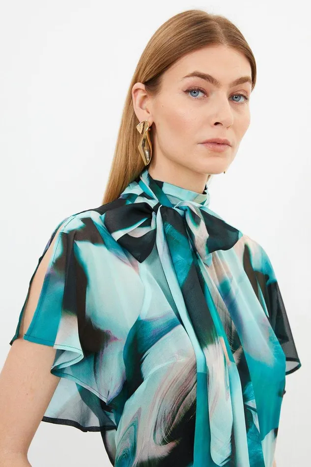 Blouses Women Karen Millen Marble Georgette Woven Tie Neck Ruffle Blouse Green Blouses Women Karen Millen Marble Georgette Woven Tie Neck Ruffle Blouse Green