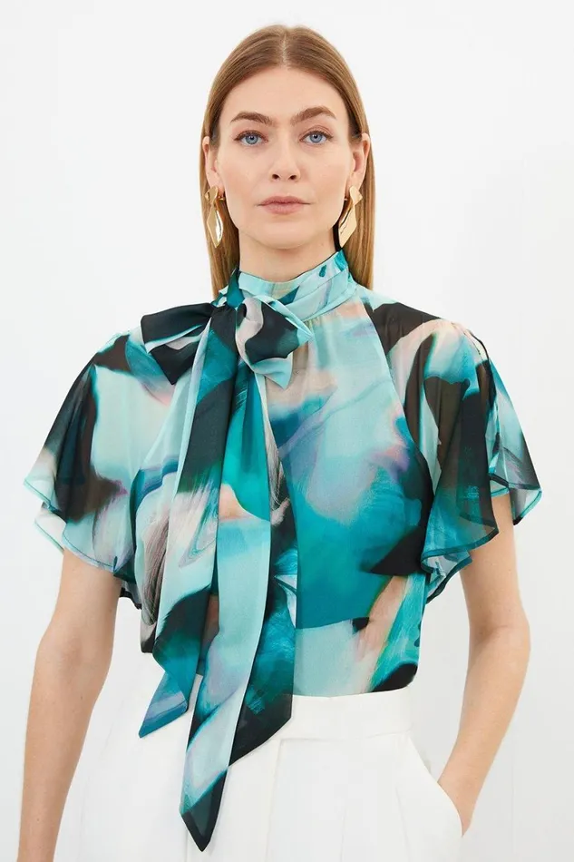 Blouses Women Karen Millen Marble Georgette Woven Tie Neck Ruffle Blouse Green