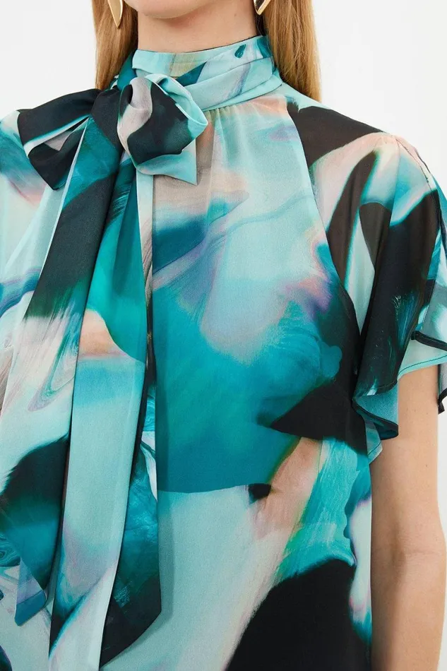 Blouses Women Karen Millen Marble Georgette Woven Tie Neck Ruffle Blouse Green