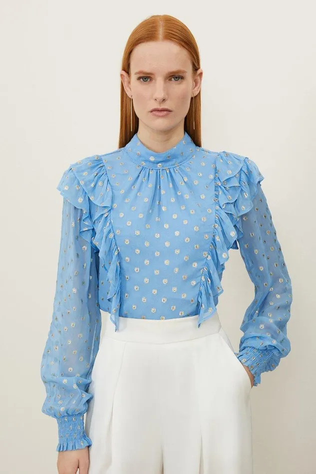 Blouses Women Karen Millen Metallic Viscose Georgette Woven High Neck Blouse Blue Blouses Women Karen Millen Metallic Viscose Georgette Woven High Neck Blouse Blue