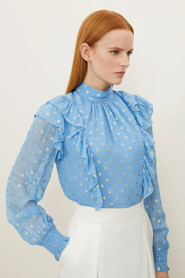 Blouses Women Karen Millen Metallic Viscose Georgette Woven High Neck Blouse Blue
