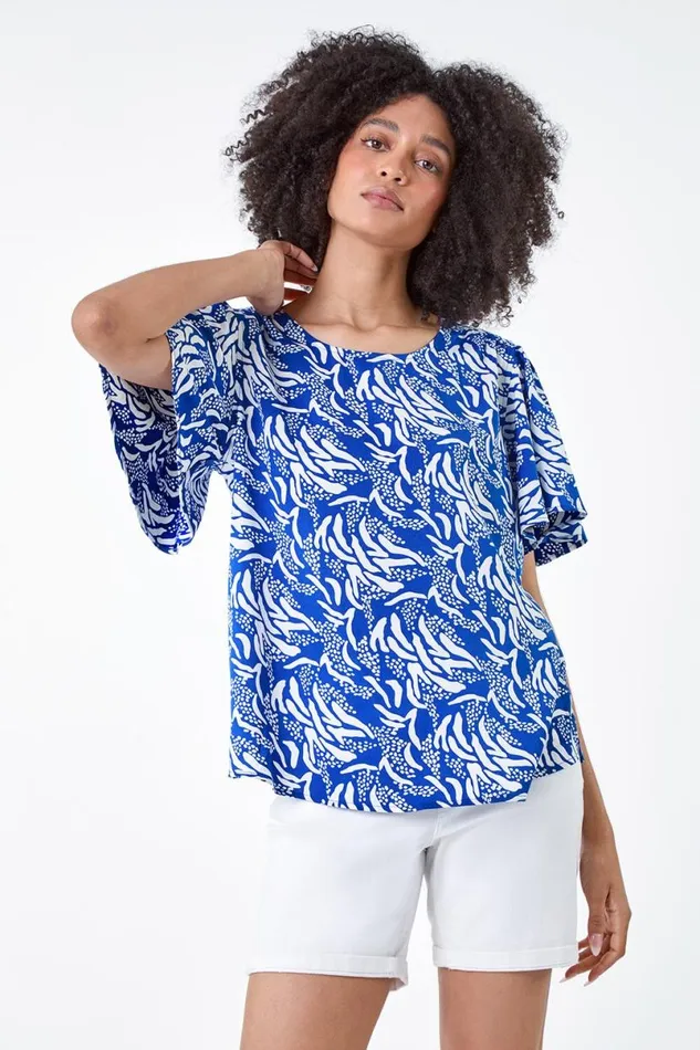 Blue Abstract Print Flared Sleeve Top Women Roman Tops