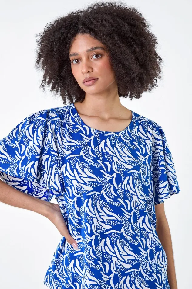Blue Abstract Print Flared Sleeve Top Women Roman Tops