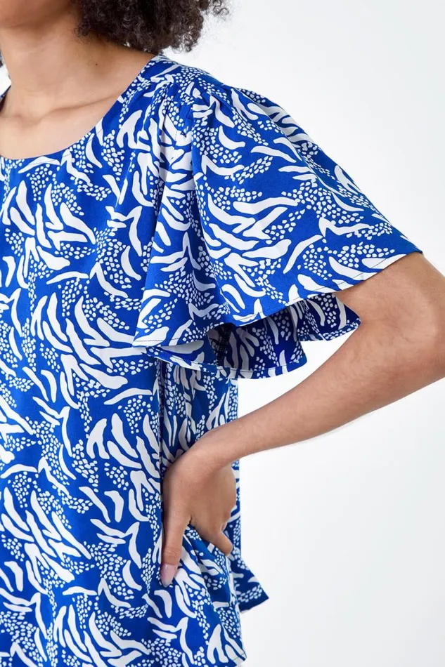 Blue Abstract Print Flared Sleeve Top Women Roman Tops