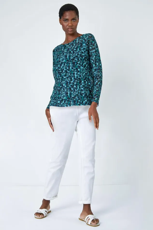Blue Abstract Print Mesh Chiffon Overlay Top Women Roman Tops