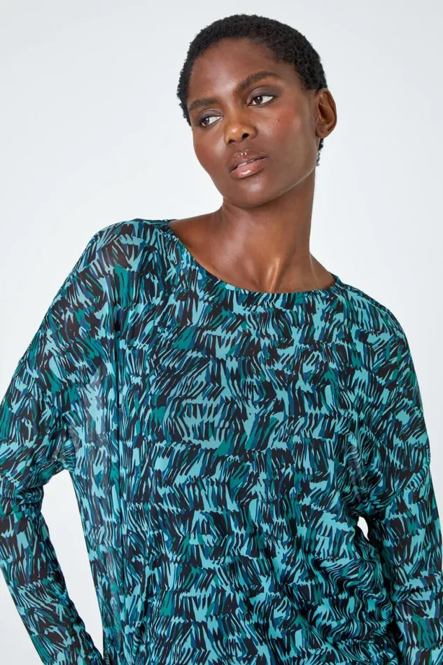 Blue Abstract Print Mesh Chiffon Overlay Top Women Roman Tops