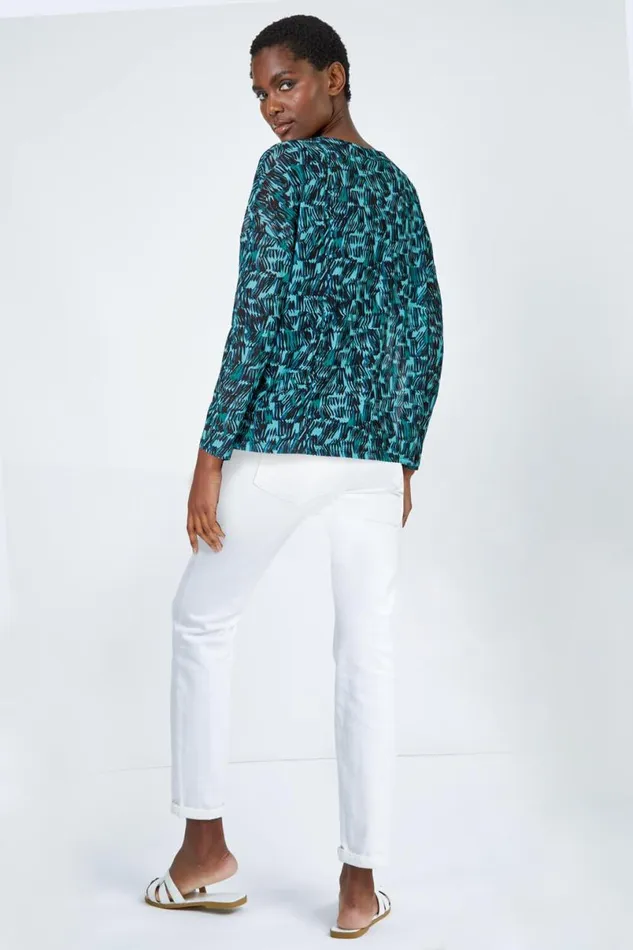 Blue Abstract Print Mesh Chiffon Overlay Top Women Roman Tops