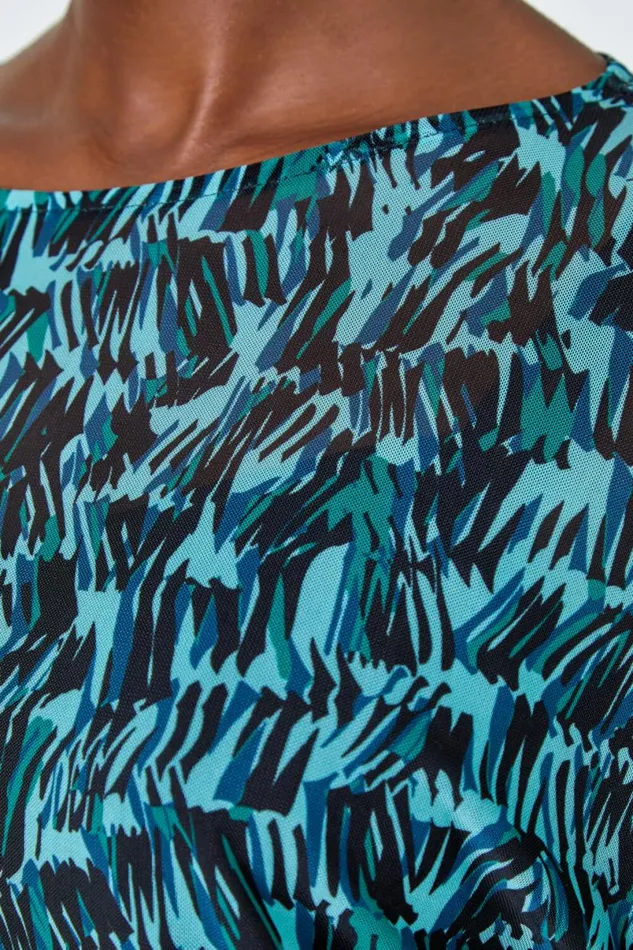 Blue Abstract Print Mesh Chiffon Overlay Top Women Roman Tops