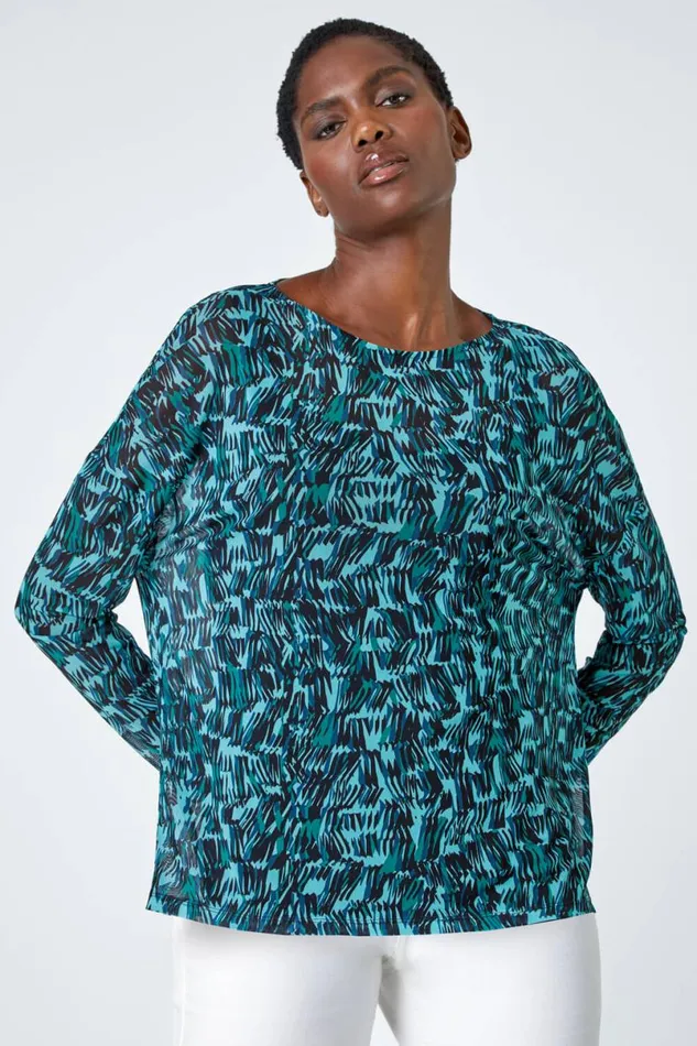 Blue Abstract Print Mesh Chiffon Overlay Top Women Roman Tops