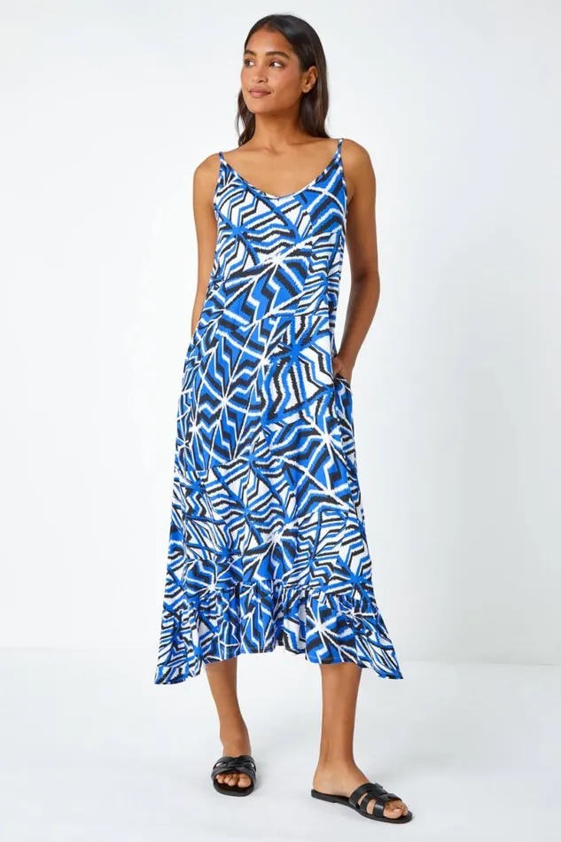 Blue Abstract Print Pocket Midi Dress Women Roman Dresses