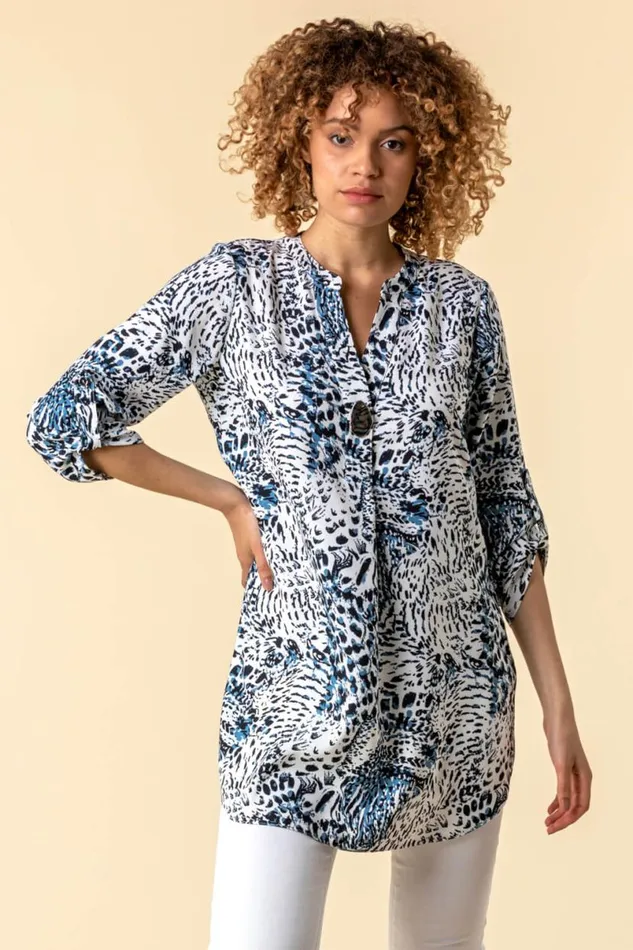 Blue Animal Print 34 Sleeve Longline Tunic Top Women Roman Tops