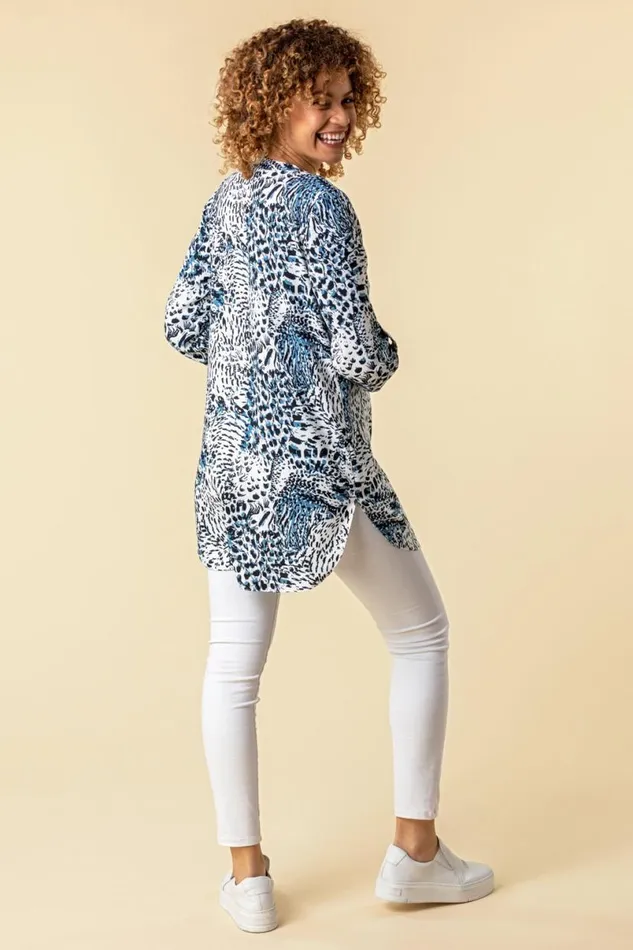 Blue Animal Print 34 Sleeve Longline Tunic Top Women Roman Tops