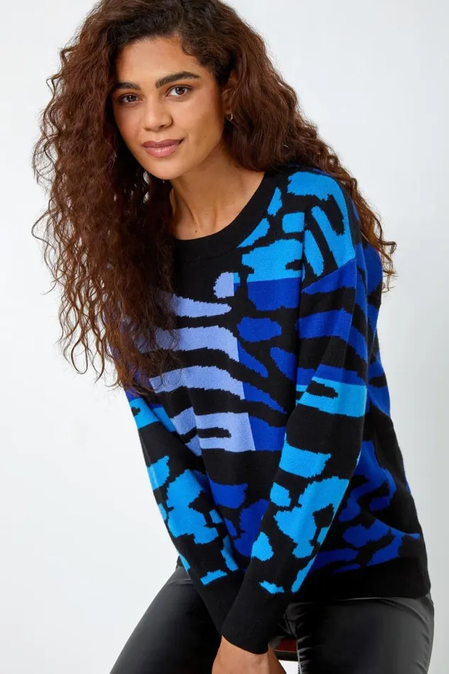 Blue Colour Block Animal Print Jumper Women Roman Knitwear