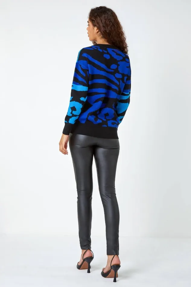 Blue Colour Block Animal Print Jumper Women Roman Knitwear