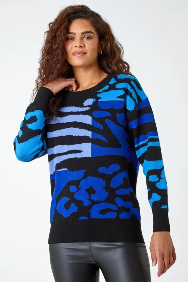 Blue Colour Block Animal Print Jumper Women Roman Knitwear