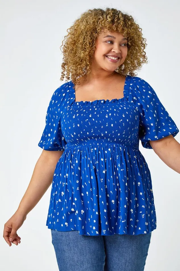 Blue Curve Ditsy Floral Shirred Stretch Top Women Roman Tops