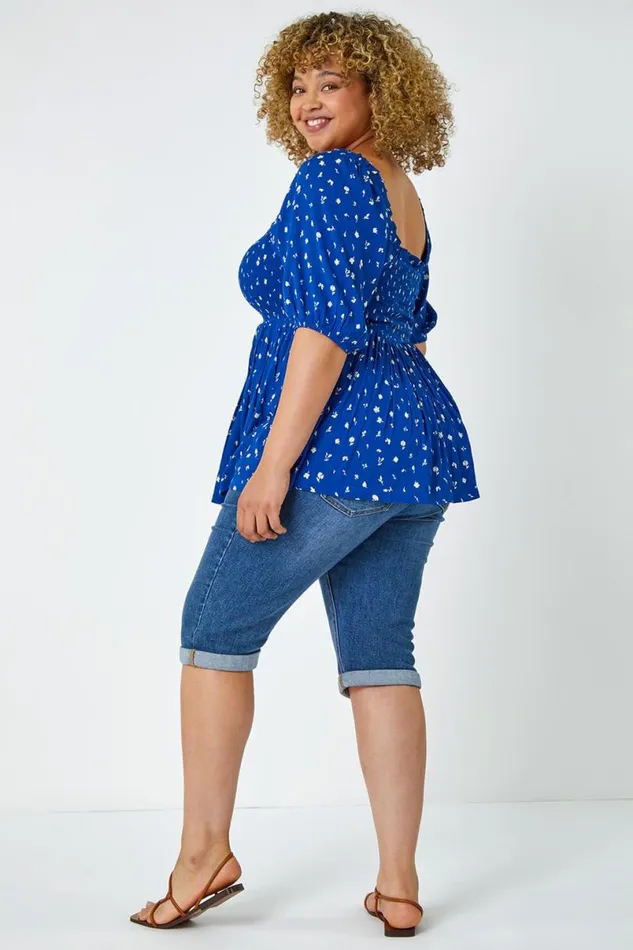 Blue Curve Ditsy Floral Shirred Stretch Top Women Roman Tops