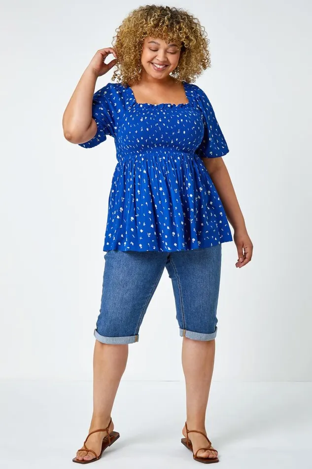 Blue Curve Ditsy Floral Shirred Stretch Top Women Roman Tops