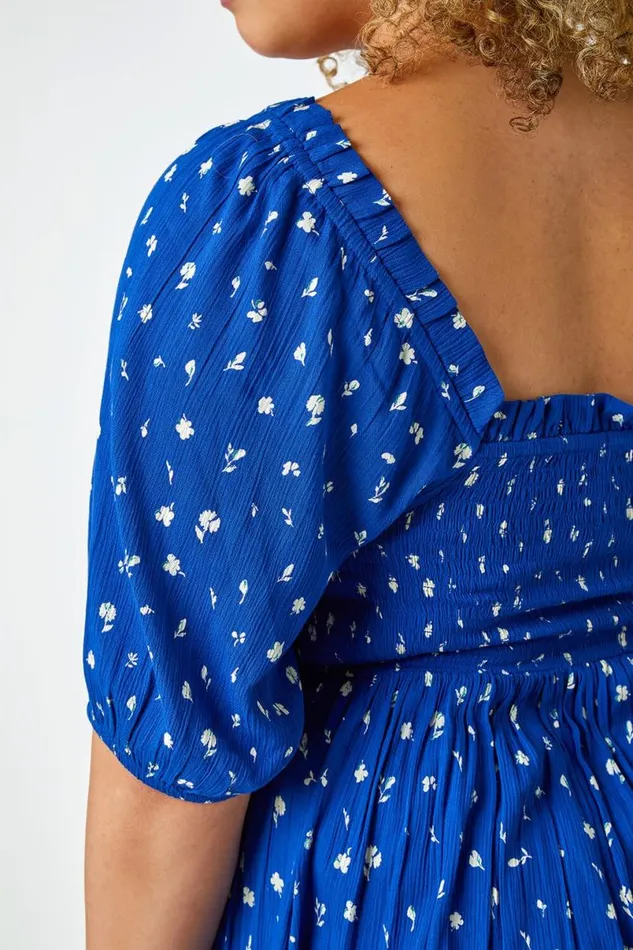 Blue Curve Ditsy Floral Shirred Stretch Top Women Roman Tops