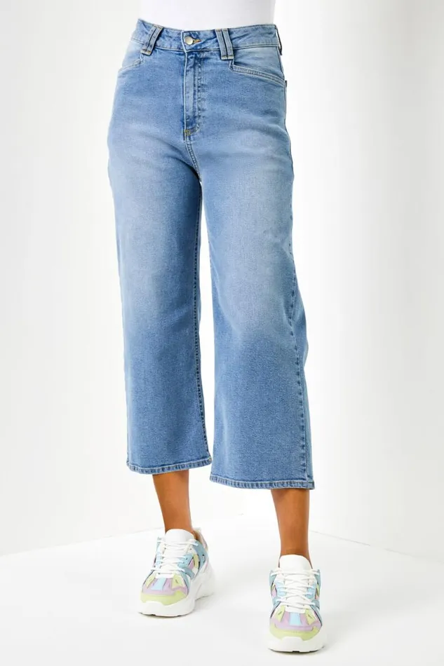 Blue Denim Stretch Wide Leg Cropped Culottes Women Roman Trousers