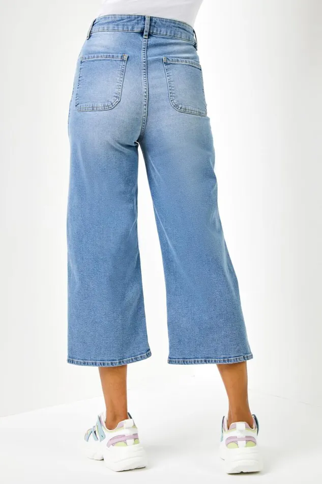 Blue Denim Stretch Wide Leg Cropped Culottes Women Roman Trousers