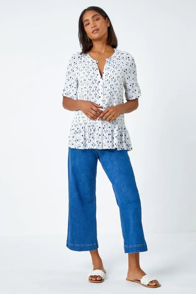 Blue Ditsy Print VNeck Crinkle Button Blouse Women Roman Tops