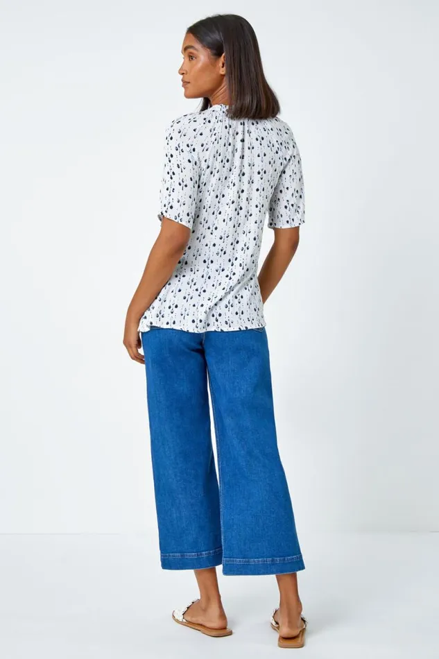 Blue Ditsy Print VNeck Crinkle Button Blouse Women Roman Tops