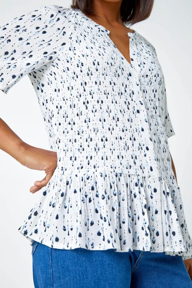 Blue Ditsy Print VNeck Crinkle Button Blouse Women Roman Tops