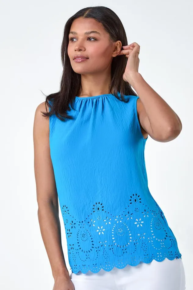 Blue Floral Hem Detail Sleeveless Top Women Roman Tops