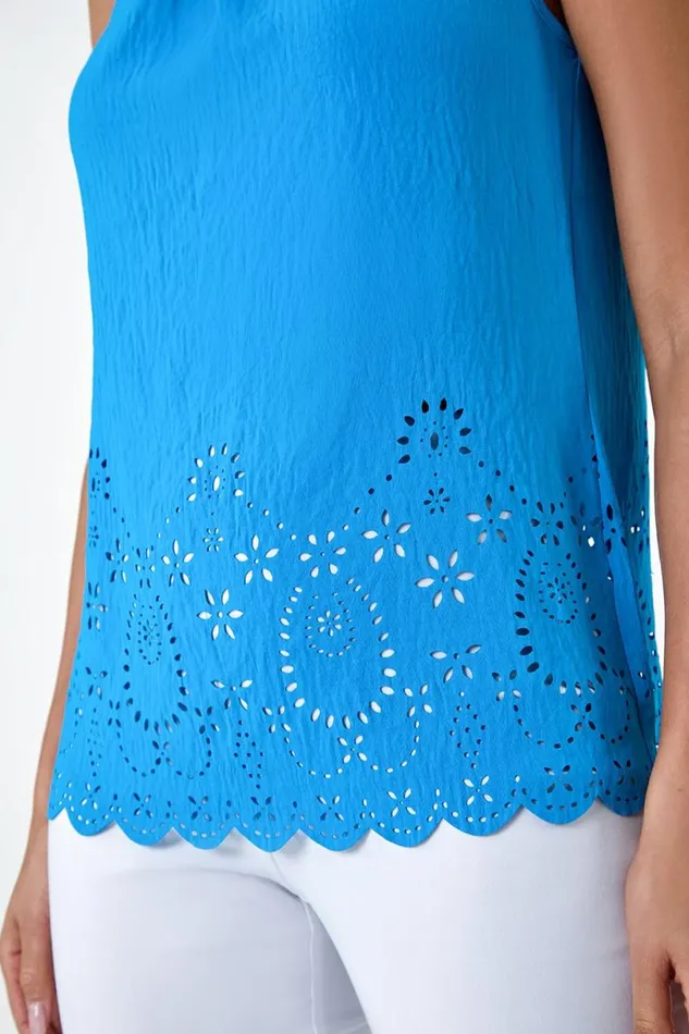 Blue Floral Hem Detail Sleeveless Top Women Roman Tops