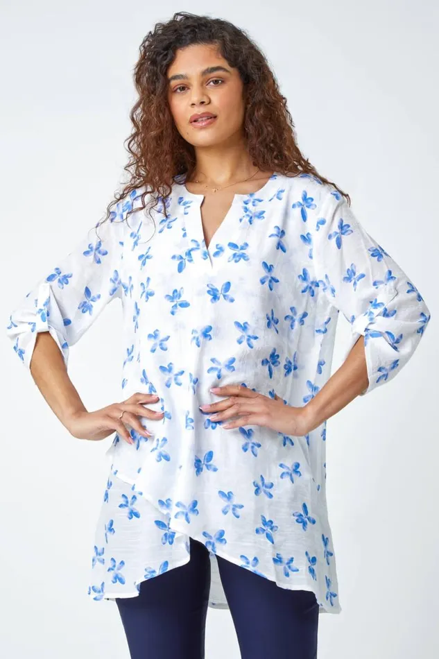 Blue Floral Print Wrap Hem VNeck Tunic Top Women Roman Tops