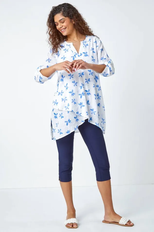 Blue Floral Print Wrap Hem VNeck Tunic Top Women Roman Tops