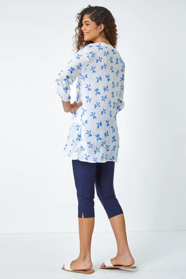 Blue Floral Print Wrap Hem VNeck Tunic Top Women Roman Tops
