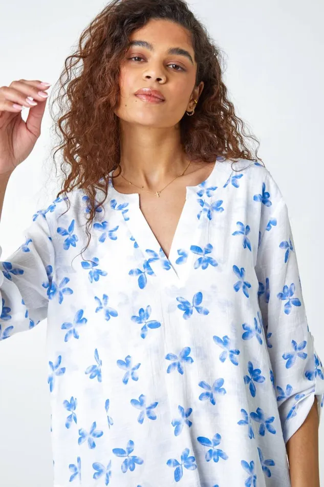 Blue Floral Print Wrap Hem VNeck Tunic Top Women Roman Tops