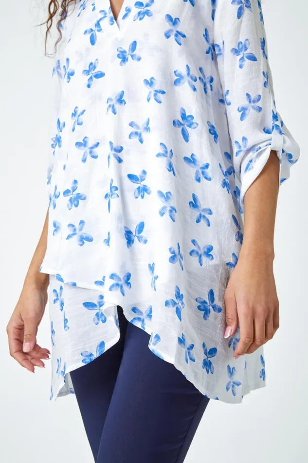 Blue Floral Print Wrap Hem VNeck Tunic Top Women Roman Tops